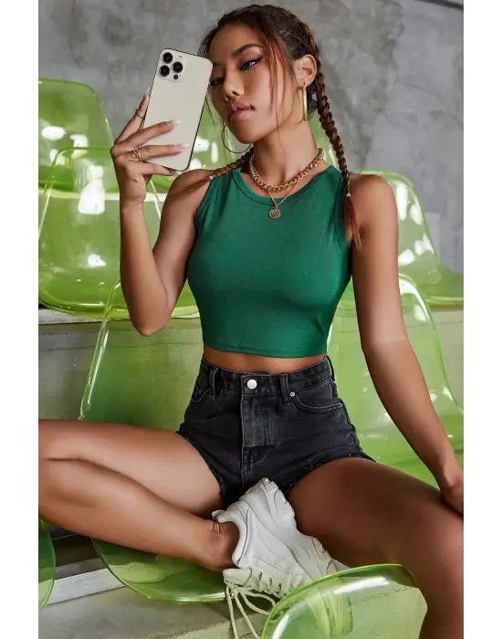 ieg™ Kadın Yeşil Kare Yaka Crop Top Bluz