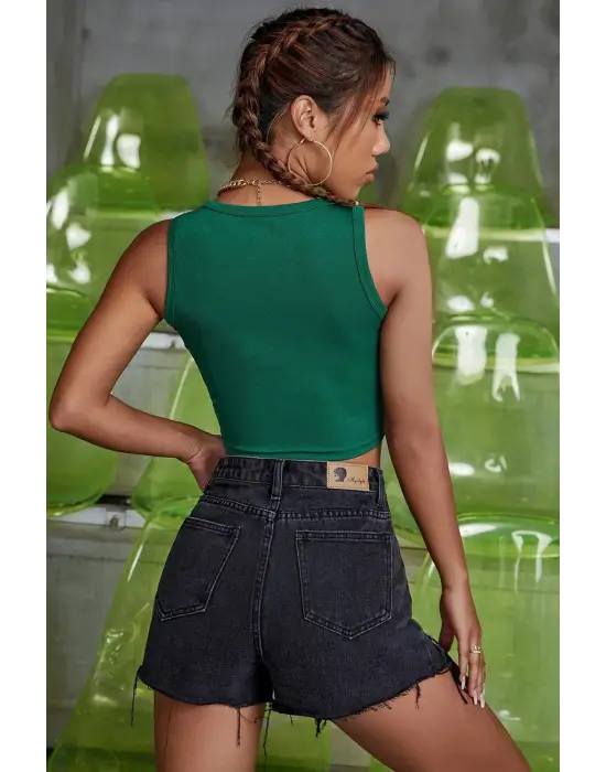 ieg™ Kadın Yeşil Kare Yaka Crop Top Bluz