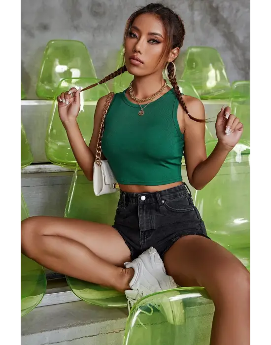 ieg™ Kadın Yeşil Kare Yaka Crop Top Bluz