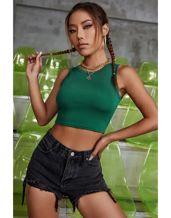 ieg™ Kadın Yeşil Kare Yaka Crop Top Bluz