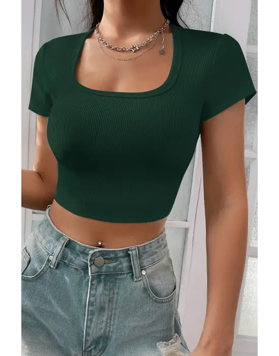 ieg™ Kadın Yeşil Yarım Kol Düz Yaka Crop Top Bluz