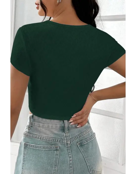 ieg™ Kadın Yeşil Yarım Kol Düz Yaka Crop Top Bluz