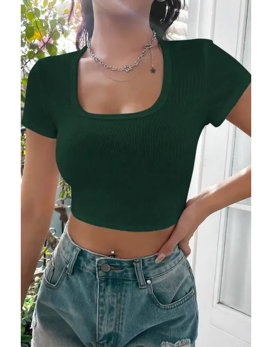 ieg™ Kadın Yeşil Yarım Kol Düz Yaka Crop Top Bluz