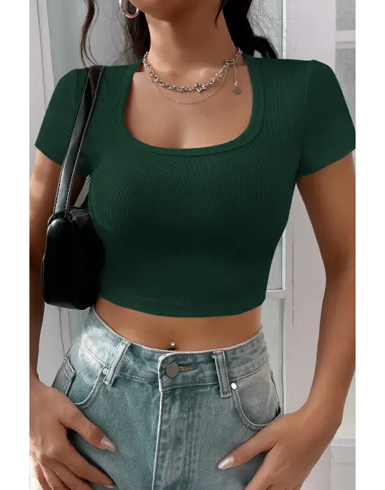 ieg™ Kadın Yeşil Yarım Kol Düz Yaka Crop Top Bluz