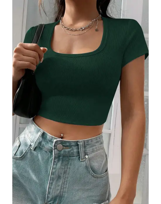 ieg™ Kadın Yeşil Yarım Kol Düz Yaka Crop Top Bluz