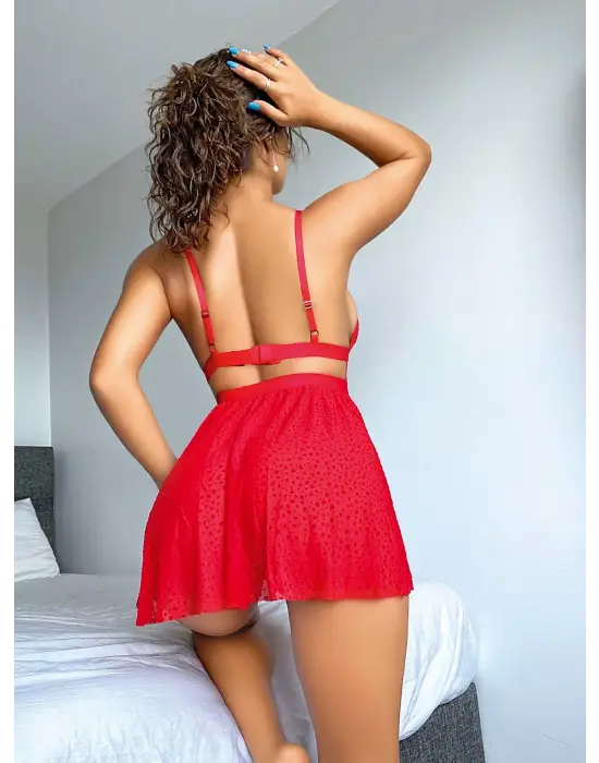 ieg™ Kırmızı Desenli Mini Etekli Sütyen Takımı
