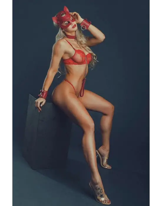 ieg™ Kırmızı Maske, Tasma ve Kelepçe Harness Deri Set