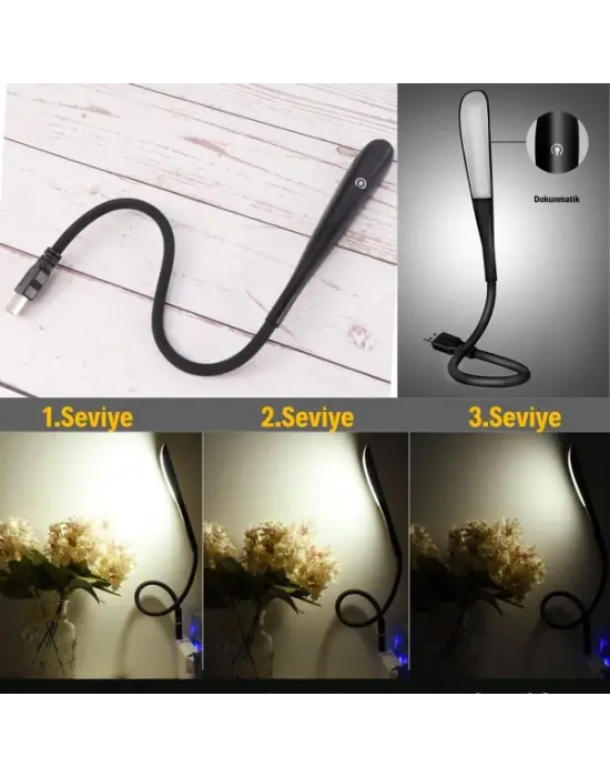 Kompakt USB Siyah 14 Ledli 3 Kademeli Dokunmatik Okuma Lambası