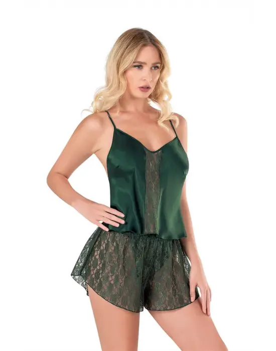 ieg™ Koyu Yeşil Saten Babydoll Şort Takımı