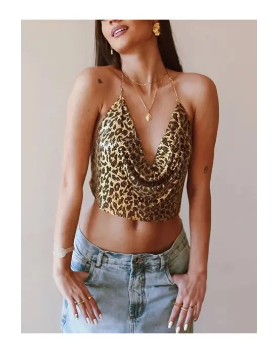 ieg™ Kristal Leopard Taşlı Parlak Crop & Bluz Kolsuz Kayık Yaka Parti Plaj Büstiyer