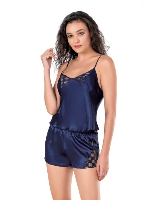 ieg™ Lacivert Saten Babydoll Şort Takımı