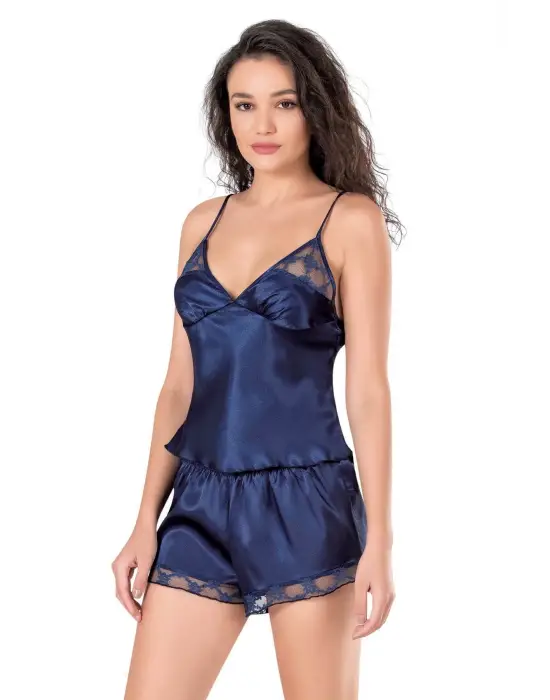 ieg™ Lacivert Saten Babydoll Şort Takımı