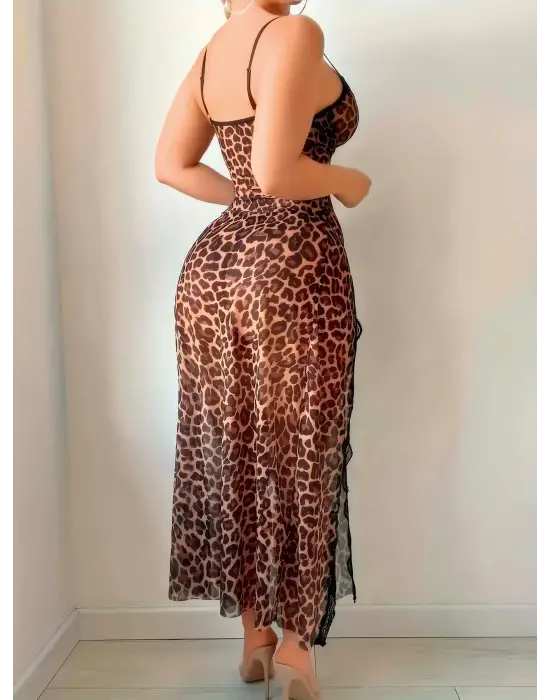 ieg™ Leopar Desenli Yırtmaçlı Fantezi Uzun Gecelik