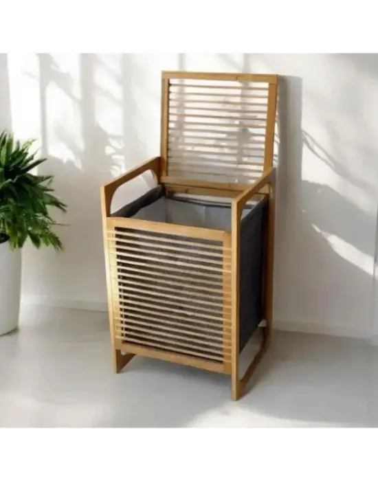 Orta Boy Ahşap Bambu Kirli Sepeti 40x35x60
