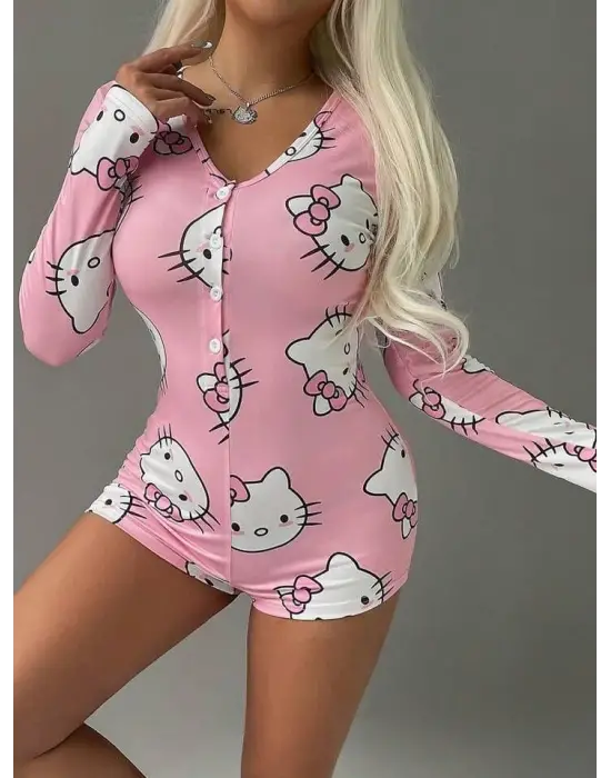 ieg™ Pamuklu Pembe Hello Kitty Desenli Düğmeli Uzun Kol Tulum Pijama