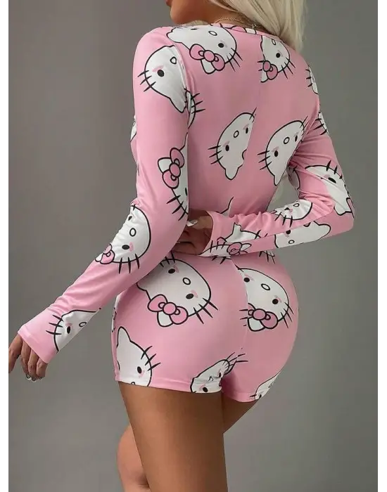 ieg™ Pamuklu Pembe Hello Kitty Desenli Düğmeli Uzun Kol Tulum Pijama