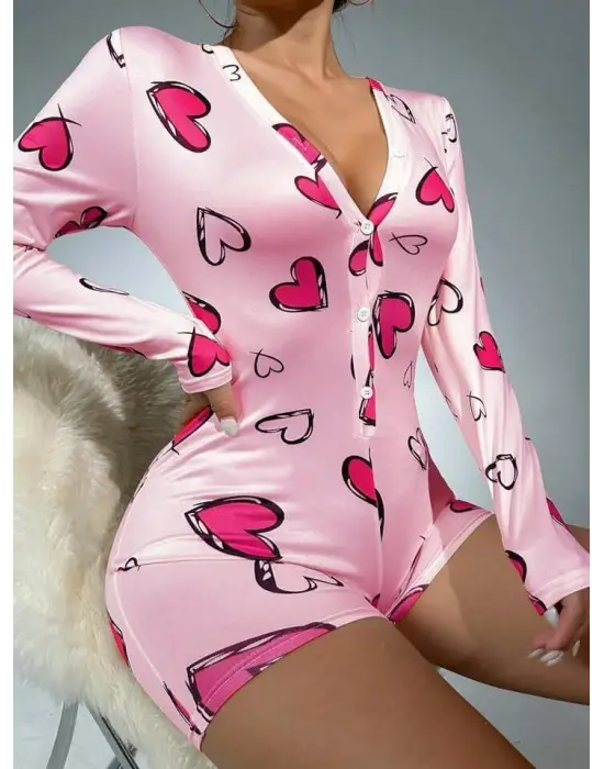ieg™ Pamuklu Pembe Kalp Desenli Düğmeli Uzun Kol Tulum Pijama
