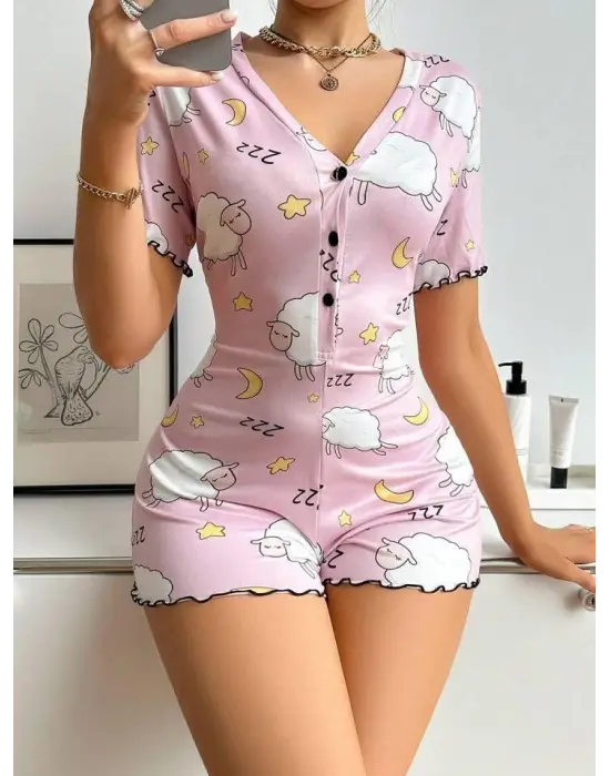 ieg™ Pamuklu Pembe Kuzu Desenli Düğmeli Uzun Kol Tulum Pijama