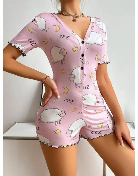 ieg™ Pamuklu Pembe Kuzu Desenli Düğmeli Uzun Kol Tulum Pijama