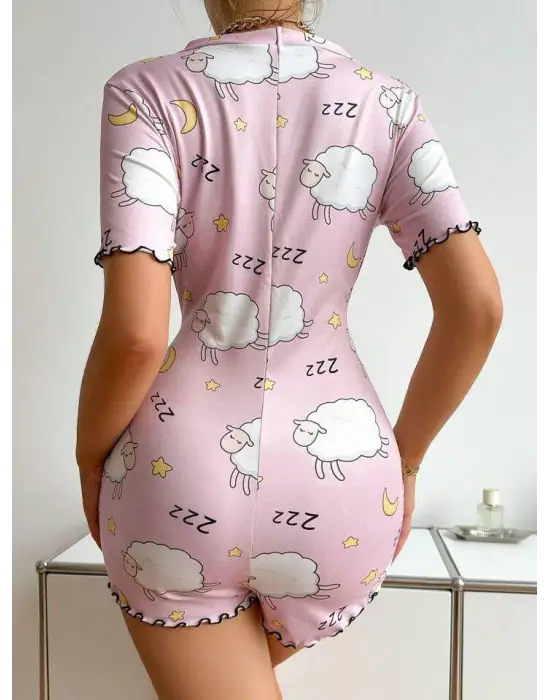 ieg™ Pamuklu Pembe Kuzu Desenli Düğmeli Uzun Kol Tulum Pijama