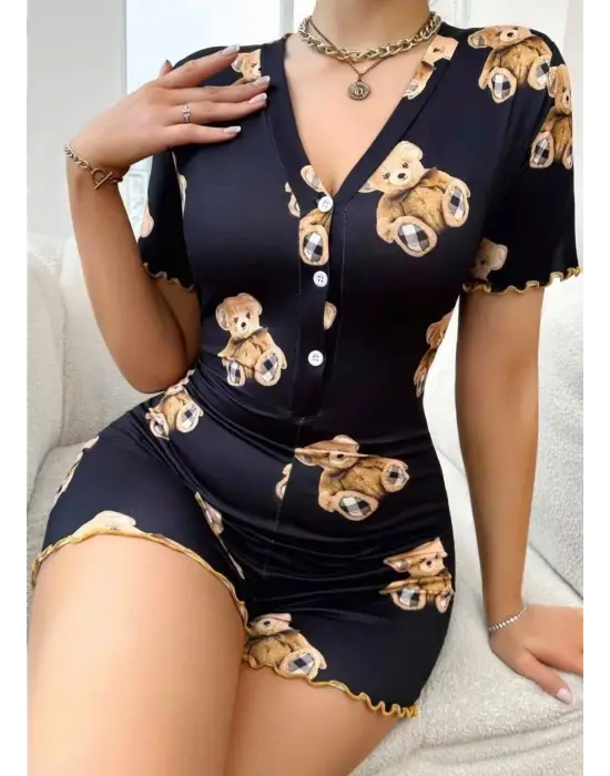 ieg™ Pamuklu Siyah Ayıcık Desenli Düğmeli Tulum Pijama