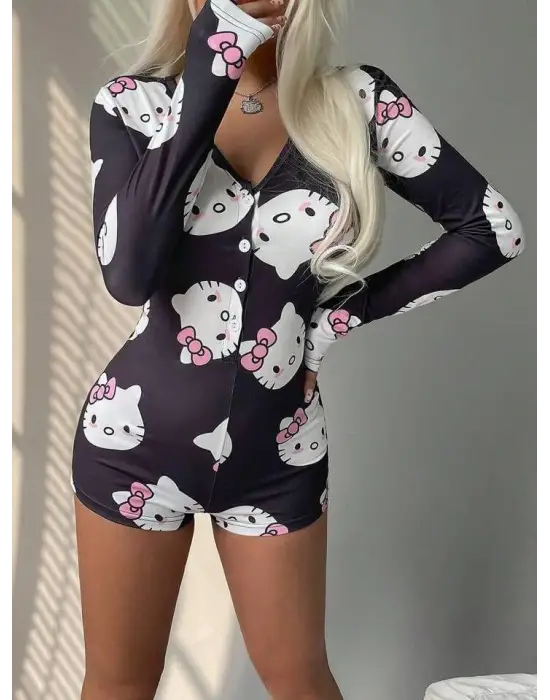 ieg™ Pamuklu Siyah Hello Kitty Desenli Düğmeli Uzun Kol Tulum Pijama