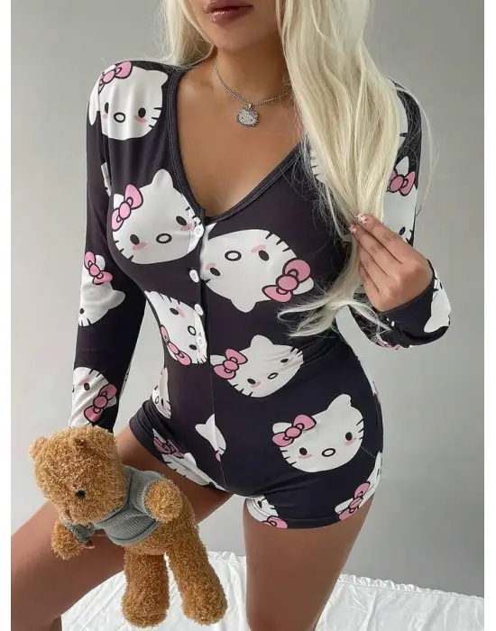 ieg™ Pamuklu Siyah Hello Kitty Desenli Düğmeli Uzun Kol Tulum Pijama