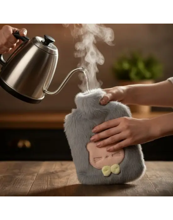 Papyonlu Kedi Figürlü Mavi Peluş Sıcak Su Torbası 1 Litre