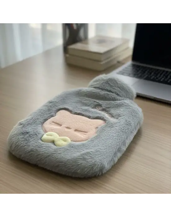 Papyonlu Kedi Figürlü Mavi Peluş Sıcak Su Torbası 1 Litre