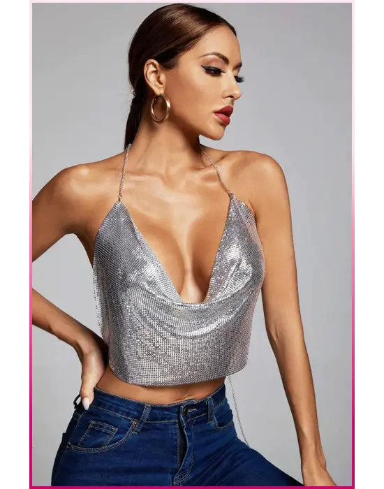 ieg™ Parlak Gümüş Zırh Bustiyer,Kadın Seksi Zarif Crop