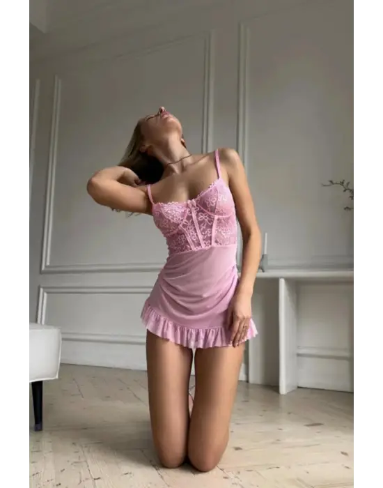 Pembe Balenli Tül Dantelli Gecelik IEG1406