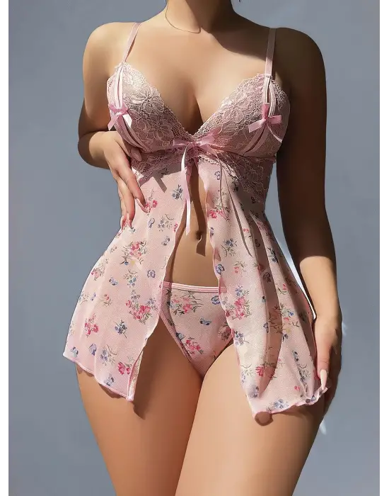 ieg™ Pembe Dantel İşlemeli Çiçek Desenli Fantezi Gecelik