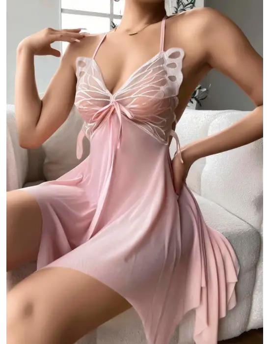 ieg™ Pembe Kelebek İşlemeli Tül Fantezi Gecelik