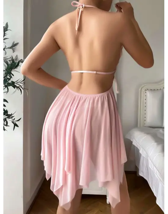 ieg™ Pembe Kelebek İşlemeli Tül Fantezi Gecelik