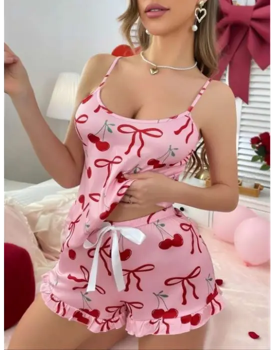 ieg™ Pembe Üstüne Kiraz Desenli Askılı Şortlu Pijama Takımı