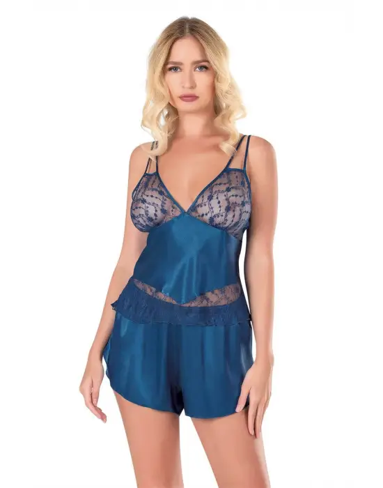 ieg™ Petrol Mavisi Saten Babydoll Şort Takımı