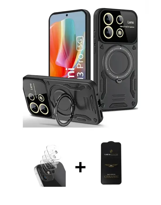 ieg™ Redmi Note 13 Pro 5G Kılıf Kıvılcım Modern Serisi - Siyah 6D Antistatik Mat Seramik Hayalet Nano Ekran Koruyucu + Kamera Lens Koruma Cam - SF