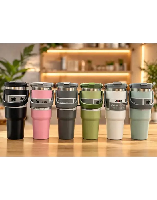 Renkli 700 ml Taşıma Kulplu Paslanmaz Çelik Termos Mug Bardak