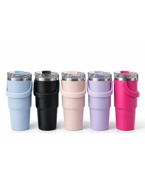 Renkli 900 ml Taşıma Kulplu Paslanmaz Çelik Termos Mug Bardak