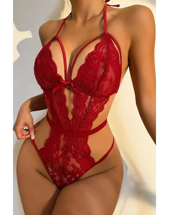 Şık Kırmızı Dantelli Babydoll Gecelik IEG1302