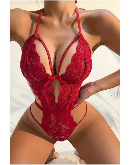 Şık Kırmızı Dantelli Babydoll Gecelik IEG1302