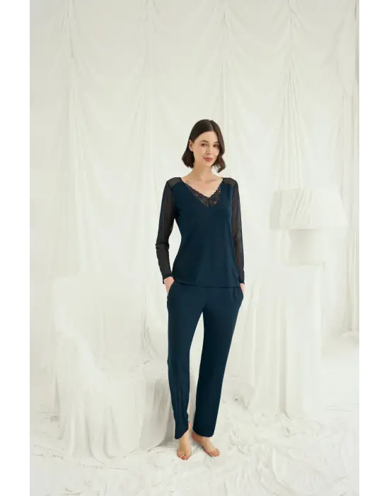 ieg™ Sırt Dekolteli Uzun Kollu Tüllü ve Dantelli Pijama Takımı