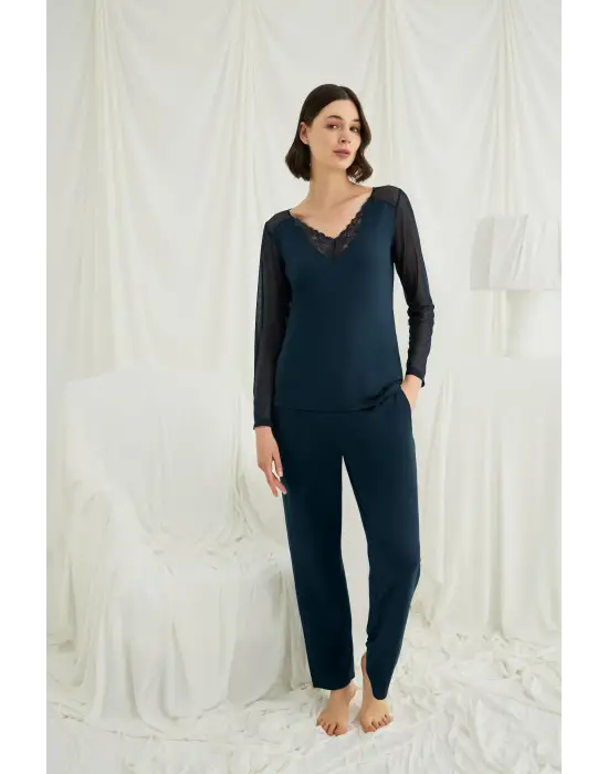 ieg™ Sırt Dekolteli Uzun Kollu Tüllü ve Dantelli Pijama Takımı
