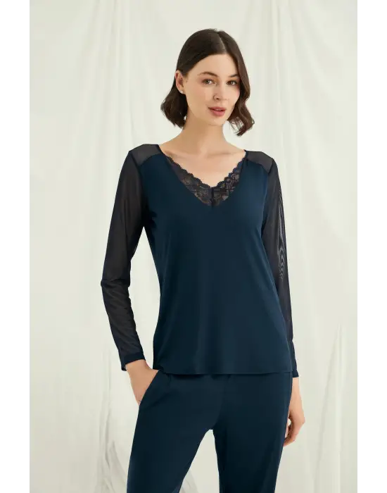ieg™ Sırt Dekolteli Uzun Kollu Tüllü ve Dantelli Pijama Takımı