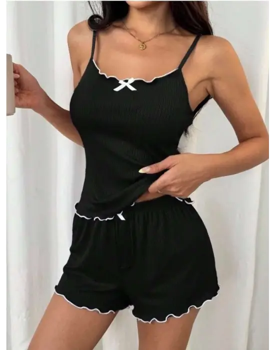 ieg™ Siyah Beyaz Kurdelalı Askılı Şortlu Pijama Takımı