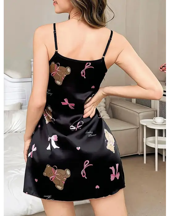 ieg™ Siyah İnce Askılı Ayıcık Desenli Saten Mini Gecelik