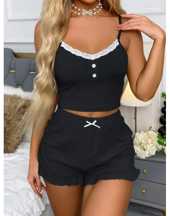 ieg™ Siyah Likralı Düğmeli Yumuşacık 2Lİ Pijama Takımı