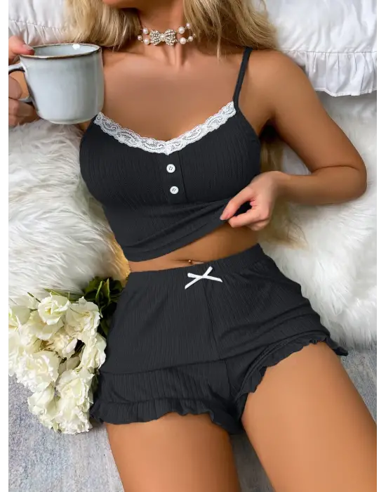 ieg™ Siyah Likralı Düğmeli Yumuşacık 2Lİ Pijama Takımı