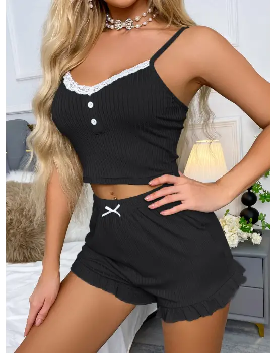 ieg™ Siyah Likralı Düğmeli Yumuşacık 2Lİ Pijama Takımı