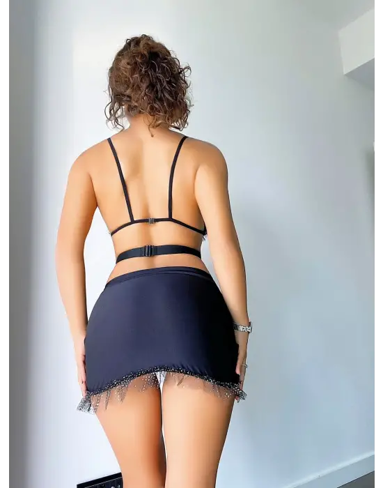 ieg™ Siyah Mini Tül Detaylı Fantezi Elbise